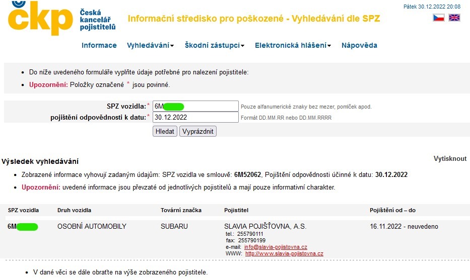 Informační středisko pro poškozené - vyhledávání dle SPZ (CKP.cz)